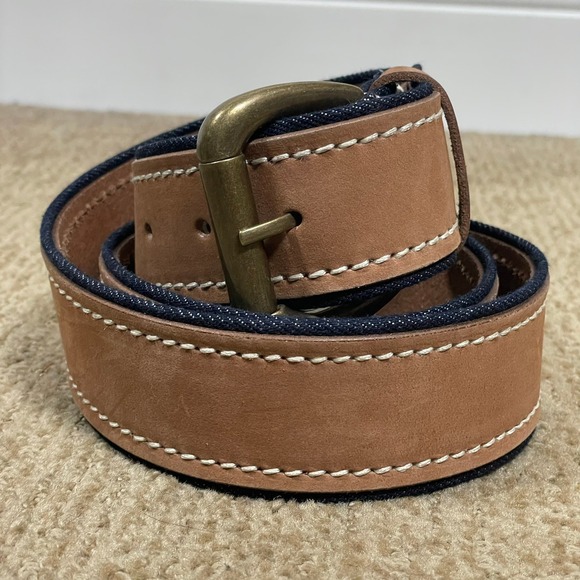 Lucky Brand Other - Lucky Brand Leather Denim Belt Mens 38 Tan Blue BKMF2501 Americana Workwear 4501